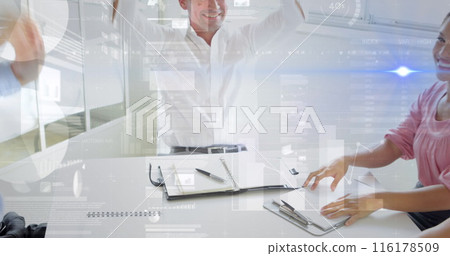Image of data processing and blue light over caucasian business people in office Image of data processing and blue light over caucasian business people in office 116178509