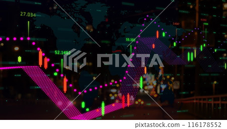 Image of financial data processing and map over cityscape Image of financial data processing and map over cityscape 116178552