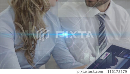 Image of network of connections over man using tablet 116178579