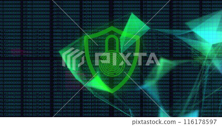 Image of security padlock icon and plexus network against binary coding on blue background 116178597