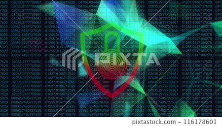 Image of security padlock icon and plexus network against binary coding on blue background 116178601
