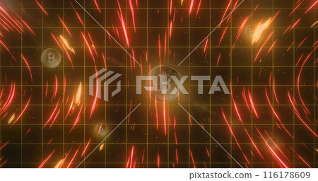 Image of spinning light trails over grid network against bitcoin symbols on red background 116178609