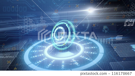 Image of processing circles and data on digital screens on navy background 116178667