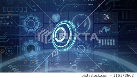 Image of processing circles and data on digital screens on navy background Image of processing circles and data on digital screens on navy background 116178668