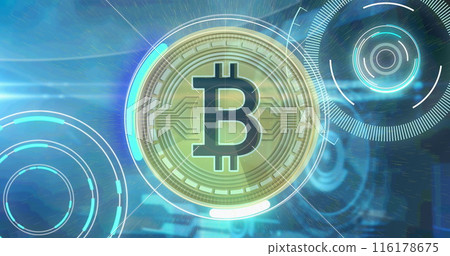 Image of processing circles and bitcoin on navy background Image of processing circles and bitcoin on navy background 116178675