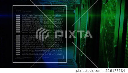 Image of data processing and network of connections over server room Image of data processing and network of connections over server room 116178684