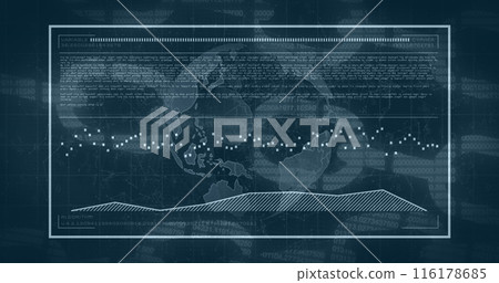 Image of data processing and world map over dark background 116178685