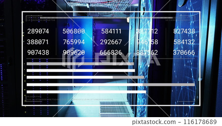 Image of data processing and network of connections over server room 116178689