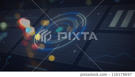 Image of blurred traffic lights over processing circle and dark space 116178697