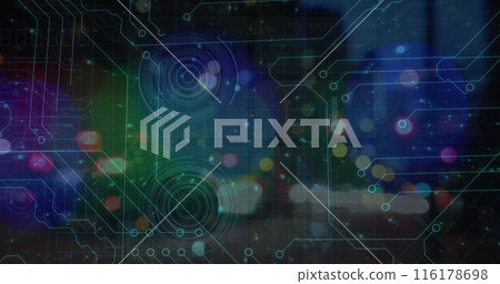 Image of processing circles and digital padlock over blurred night traffic 116178698