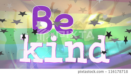 Image of be kind text in purple with black stars over silhouetted people and rainbow flag 116178718