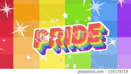 Image of pride text in rainbow colours with white stars falling on rainbow striped background Image of pride text in rainbow colours with white stars falling on rainbow striped background 116178719