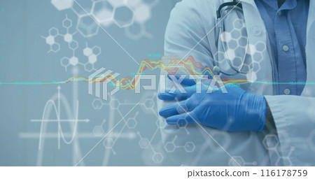 Mid section of male doctor against dna structure and medical worker at hospital Mid section of male doctor against dna structure and medical worker at hospital 116178759