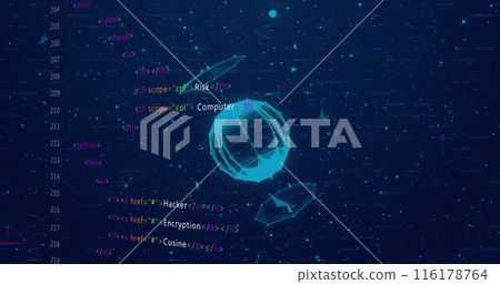 Image of digital dots connecting with lines and forming globe against programming language 116178764