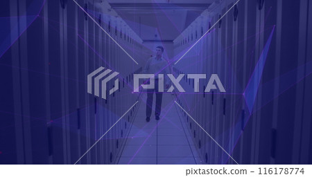 Image of moving shapes and caucasian male worker over server room Image of moving shapes and caucasian male worker over server room 116178774