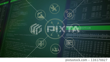 Multiple screens displaying various cybersecurity data and encryption processes Multiple screens displaying various cybersecurity data and encryption processes 116178827