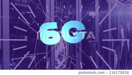 Image of 6g text with network of connections over server room 116178838