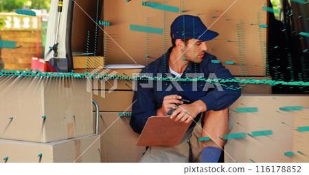 Image of financial data processing and globe over caucasian delivery man by boxes Image of financial data processing and globe over caucasian delivery man by boxes 116178852