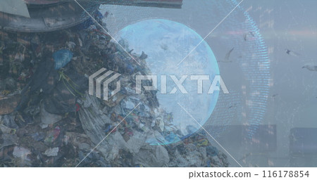 Image of globe with statistics and data processing over wasteland 116178854