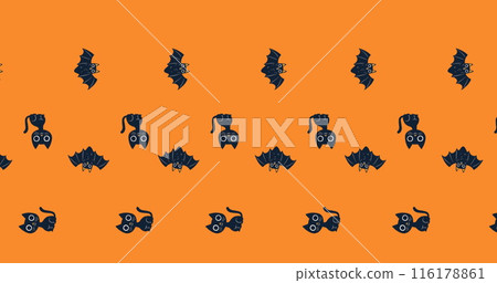 Witches and bats are repeating across orange background Witches and bats are repeating across orange background 116178861