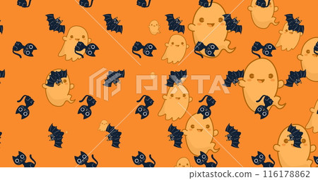 Image of halloween ghost, cat and cat pattern on orange background 116178862