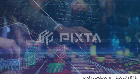 An image of statistics with casino chips being placed on a table 116178871