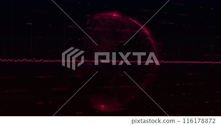 Image of pink soundwave, numbers and globe against black background 116178872