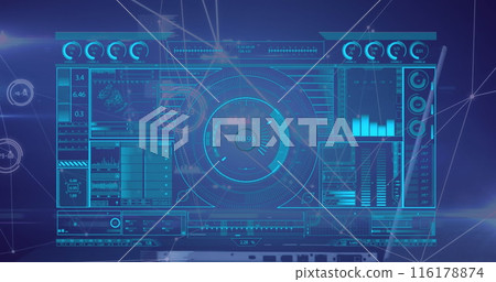 Image of profile icon in circles connected with lines over hud interface against blue background Image of profile icon in circles connected with lines over hud interface against blue background 116178874