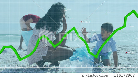 Image of data processing over biracial family cleaning beach 116178908