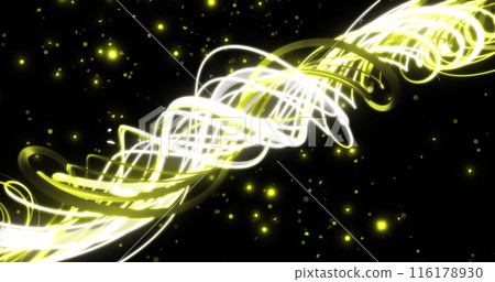 Image of flashing yellow lights and light trails moving on black background Image of flashing yellow lights and light trails moving on black background 116178930