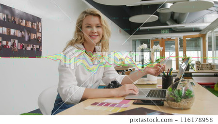 Image of data processing over businesswoman working in office Image of data processing over businesswoman working in office 116178958