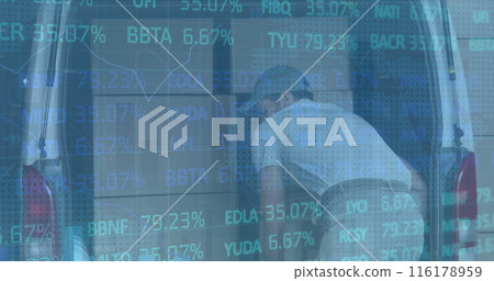 Image of financial data processing over caucasian delivery man unpacking car Image of financial data processing over caucasian delivery man unpacking car 116178959