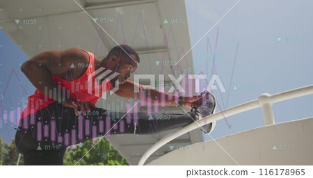 Image of data processing over african american man stretching 116178965