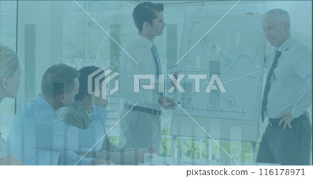 Image of financial data processing over diverse business people in office 116178971