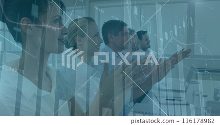 Image of financial data processing over diverse business people in office Image of financial data processing over diverse business people in office 116178982