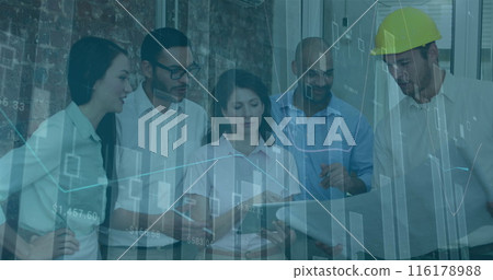 Image of financial data processing over diverse business people in office 116178988