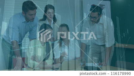 Image of data processing over diverse business people working in office 116178990