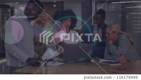 Image of financial data processing over diverse business people in office Image of financial data processing over diverse business people in office 116178999