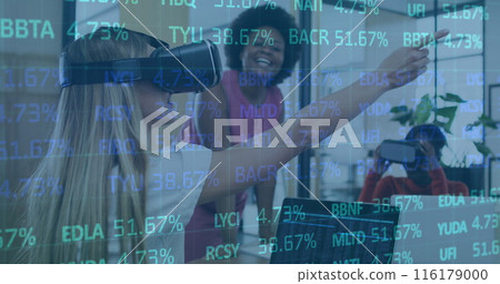 Image of trading board over diverse female coworkers testing vr headsets in office Image of trading board over diverse female coworkers testing vr headsets in office 116179000