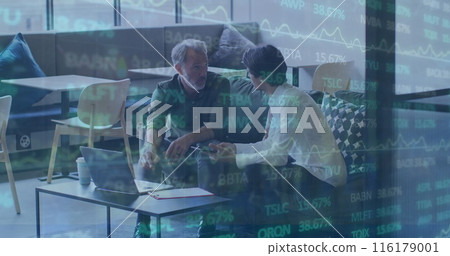 Image of trading board moving over diverse male coworkers discussing plan over laptop in office Image of trading board moving over diverse male coworkers discussing plan over laptop in office 116179001