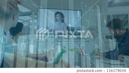 Image of financial data processing over business people working in office Image of financial data processing over business people working in office 116179039