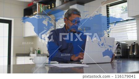 Image of world map with data processing over senior biracial man using laptop 116179041