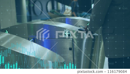 Image of financial data processing over businessman walking through airport gates Image of financial data processing over businessman walking through airport gates 116179084