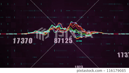 Digital image of multiple changing numbers and data processing against black background Digital image of multiple changing numbers and data processing against black background 116179085