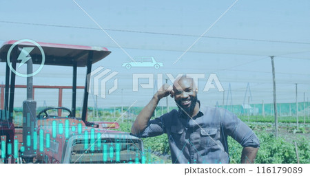 Image of financial data processing over african american male farmer by tractor Image of financial data processing over african american male farmer by tractor 116179089