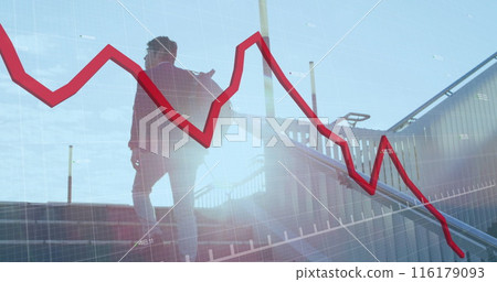 Image of financial data processing with red line over asian businessman walking up stairs 116179093