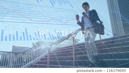 Image of data processing over asian man using smartphone while climbing down the stairs Image of data processing over asian man using smartphone while climbing down the stairs 116179095