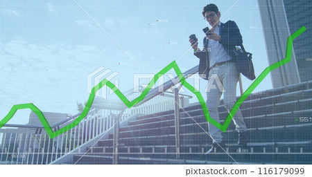 Image of financial data processing with green line over asian businessman Image of financial data processing with green line over asian businessman 116179099