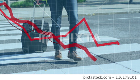 Image of financial data processing with red lines over businessman crossing road Image of financial data processing with red lines over businessman crossing road 116179101