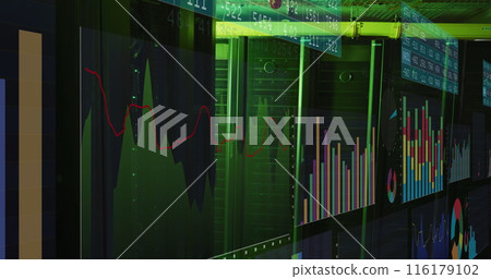Image of screens with statistical data processing against computer server room Image of screens with statistical data processing against computer server room 116179102